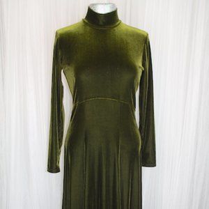 1990s Vintage Size Medium/Large Olive Green Velvet Midi Dress With Flared Skirt